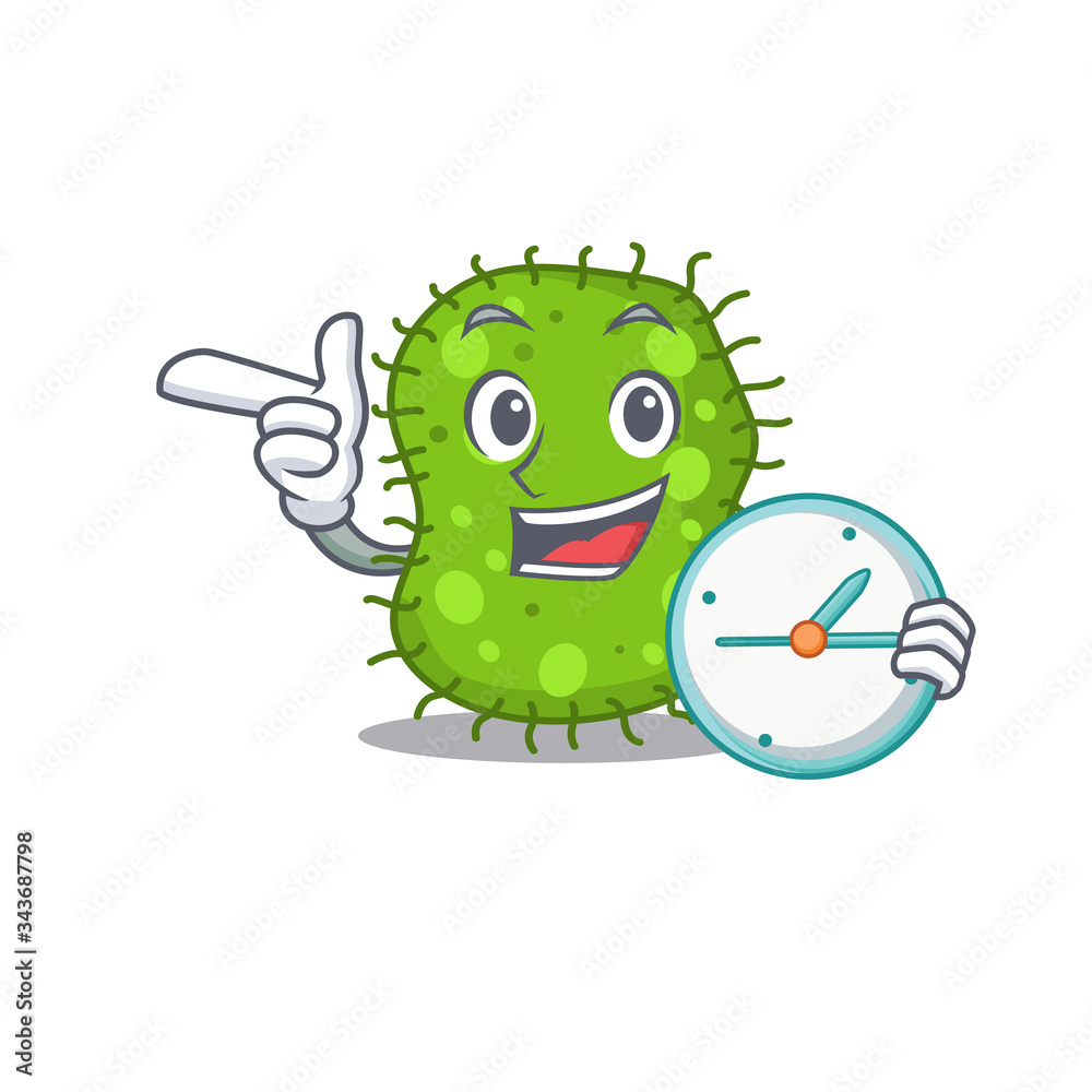 Escherichia mascot design concept smiling with clock Escherichia mascot design concept smiling with clock