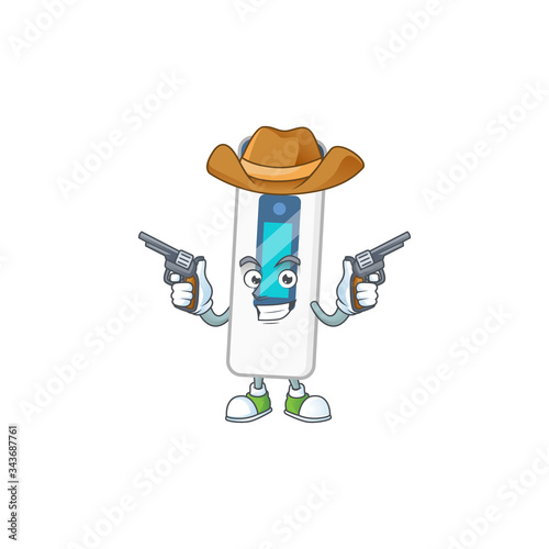 A cowboy cartoon character of digital thermometer holding guns