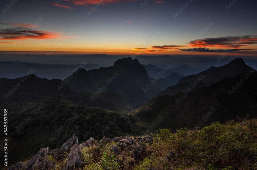 The scenery of The Doi Luang Chiang Dao with twilight sky after sunset in Chiang Mai province, Thailand.