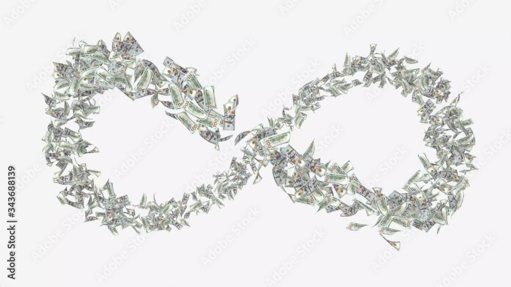 A 3D rendering animation of money fly in from of infinity sign on white background A 3D rendering animation of money fly in from of infinity sign on white background