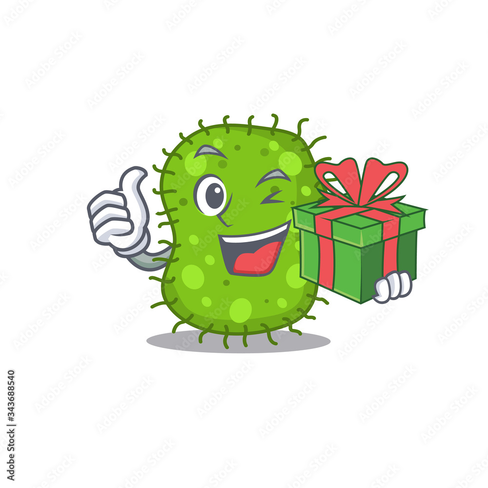 Fototapeta premium Smiling escherichia cartoon character having a green gift box
