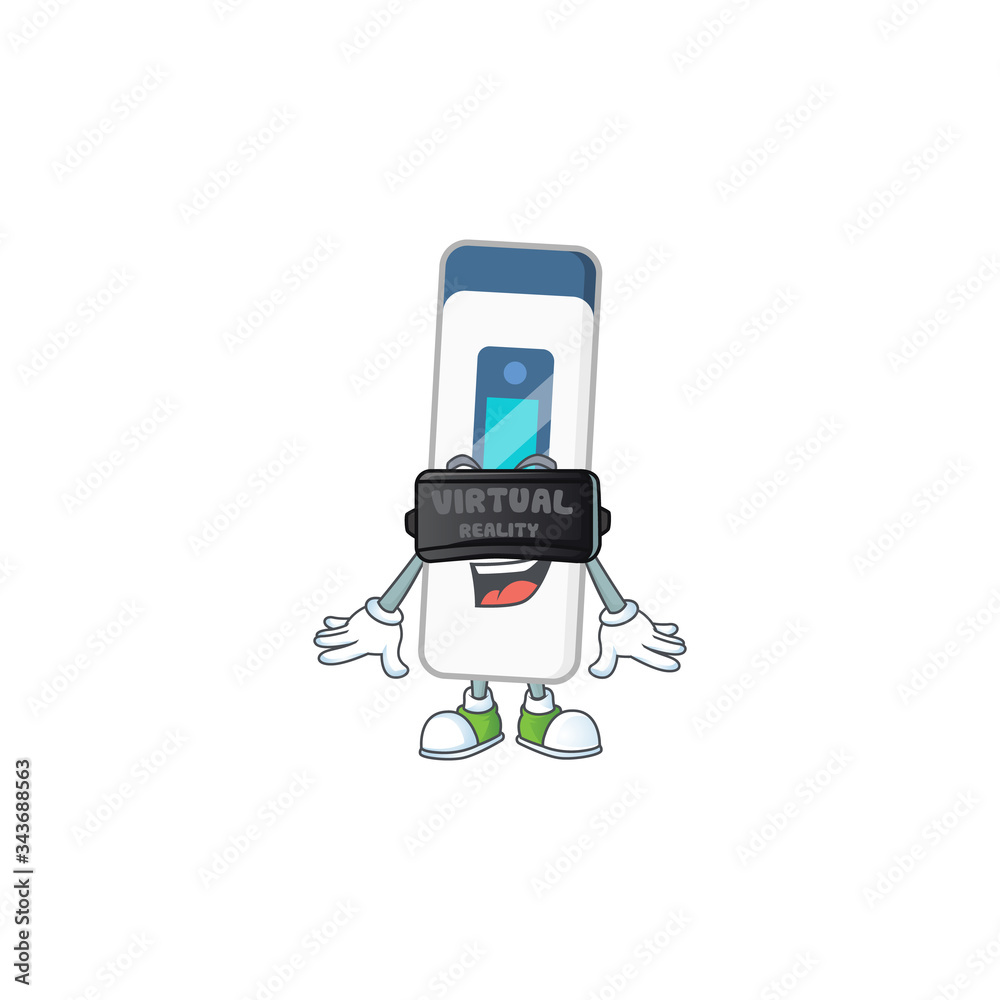 A cartoon mascot of digital thermometer enjoying game with Virtual reality headset