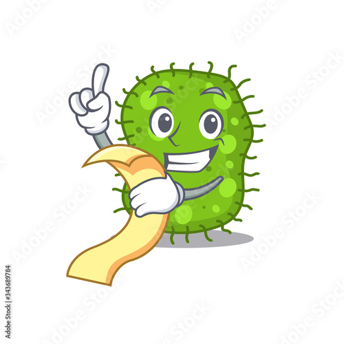Escherichia mascot character design with a menu on his hand