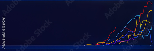 Banner. Graph of the incidence. Stock Market Chart on Blue Background. Multi-colored lines on the chart. Coronavirus, Pandemic. Left empty space for text