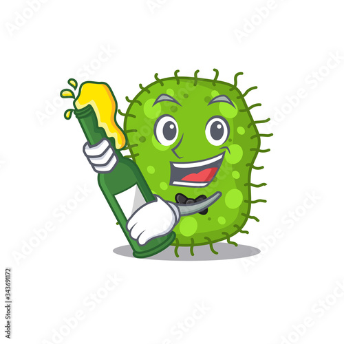 Mascot character design of escherichia say cheers with bottle of beer