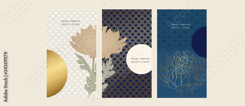 Japanese Flower Invitation card template set Floral celebration in Chinese graphics style with geometric symbols. Asian background.