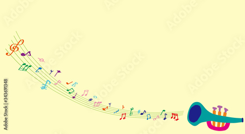 青いトランペットから流れるカラフルな音符 A blue trumpet blowing some colorful notes