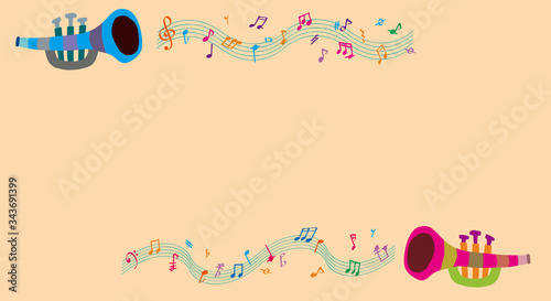 二つのストライプのトランペットとカラフルな音符
Two striped trumpets and some colorful notes
