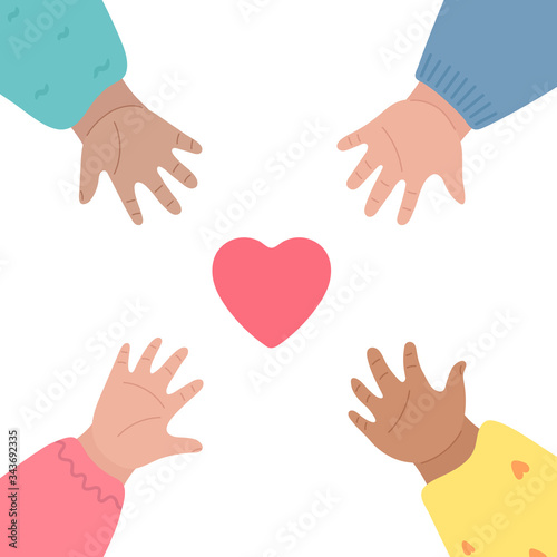 Kids hands reach out for heart and to each other.