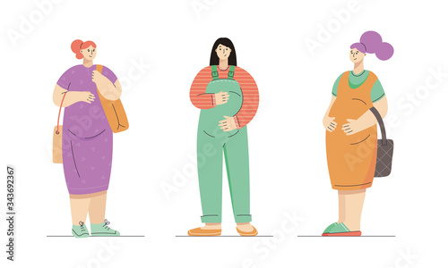 Group of pregnant women dressed in casual city style - dress, overall, sundress, sneakers, slip-ons, mules.