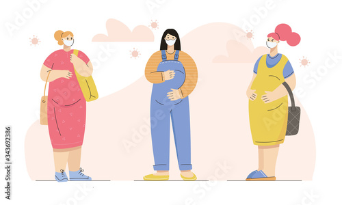 Young pregnant women wearing medical mask, thinking and worrying about coronavirus infection. Virus danger for pregnancy.