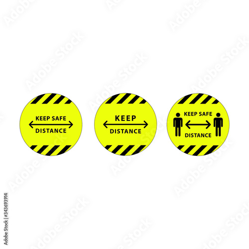 Round floor marking for social distancing, sign keep safe distance. Quarantine Corona virus, covid-19 warning, human figure icons, vector sticker, circle yellow illustration