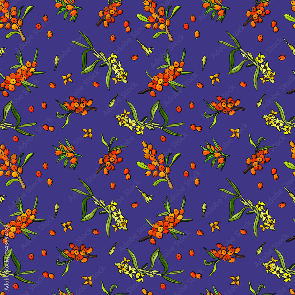 Seamless pattern of sea buckthorn berries on a purple background. Cartoon style. Stock illustration. Design for wallpaper, fabric, textile, packaging, cafe. Seamless pattern of sea buckthorn berries on a purple background. Cartoon style. Stock illustration. Design for wallpaper, fabric, textile, packaging, cafe.