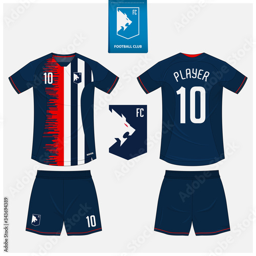Soccer jersey or football kit mockup template design for sport club. Football t-shirt sport, shorts mock up. Soccer uniform in front view, back view . Football logo in flat design. Vector Illustration
