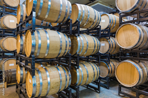 Whiskey barrels in a cellar