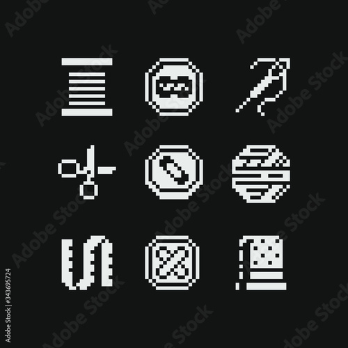 1-bit embroidery tools, pixel art flat icons set. Threads, knitting needles and scissors. Isolated vector illustration. Knitting and sewing accessories.  Game assets.