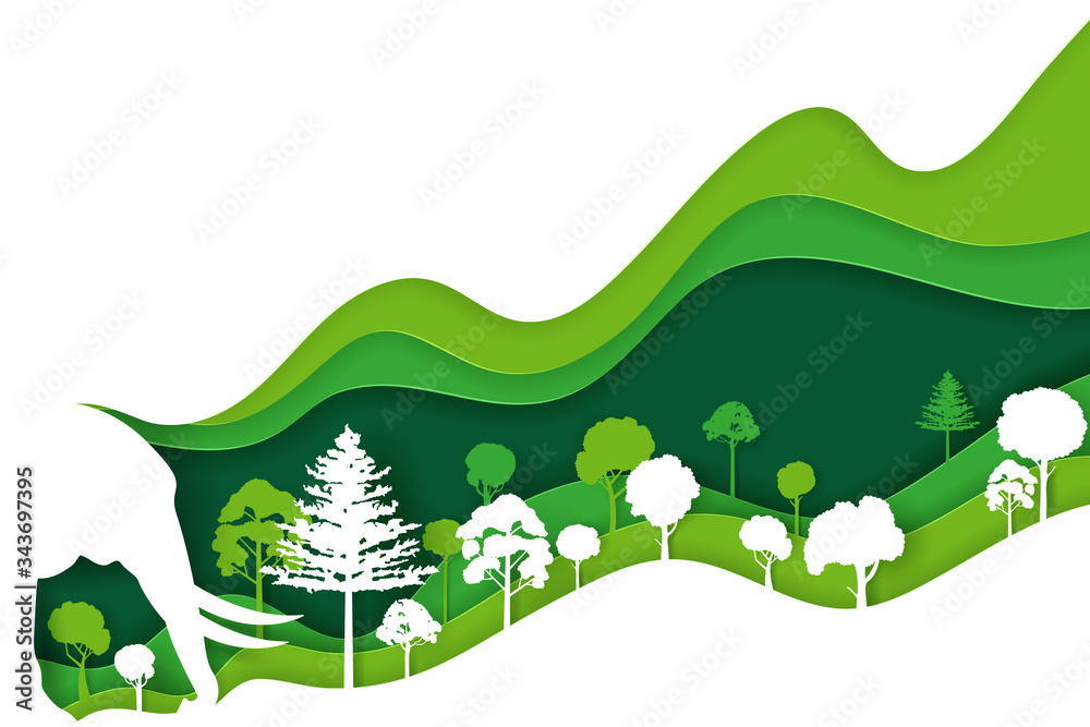 Fototapeta premium Paper art and digital craft style of landscape with elephant and green eco forest, Earth day and world environment day concept.