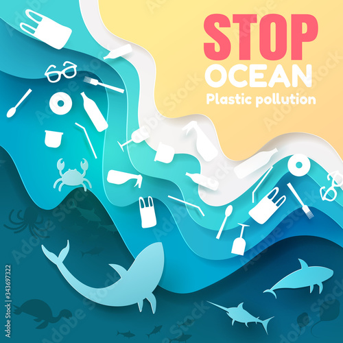 Paper art of ecological concept. Stop ocean plastic pollution with marine animals and plastics icon in the ocean.