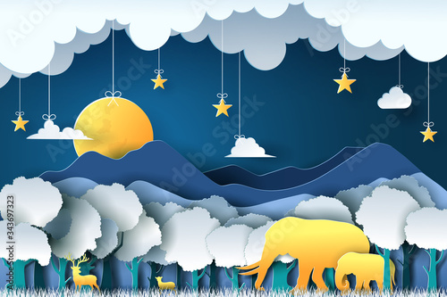 Paper art and digital craft style of world wildlife animal, world environment with full moon, star, clound, deers and elephants. Earth day concept.