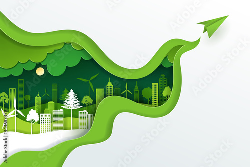 Paper art and digital craft style of landscape with green eco urban city, Earth day and world environment day concept.