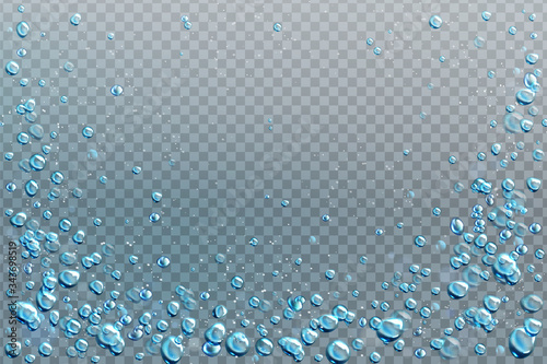 Air bubbles, effervescent water fizz border. Dynamic aqua motion, randomly moving underwater fizzing, soda drink frame design on transparent background, Realistic blue 3d vector illustration