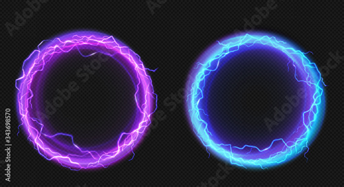 Electric lightning circles with blue and purple glow effect. Illuminated neon round frames. Vector realistic set of digital rings with sparking electrical discharge isolated on transparent background