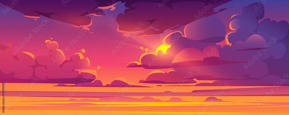 Sunset sky with sun peek out of fluffy clouds. Beautiful nature landscape background, pink, orange and lilac cloudscape evening or morning view with shining Sol and stars. Cartoon vector illustration - obrazy, fototapety, plakaty 