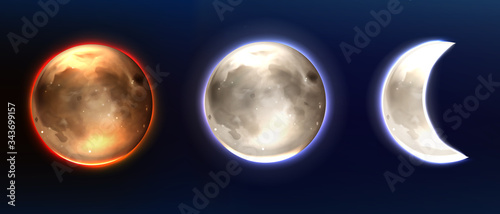 Realistic moon, lunar full and waning phases. Earth satellite, Phoebe astrology detailed object with craters, round shining dial with red and blue glowing halo on night dark sky 3d vector illustration