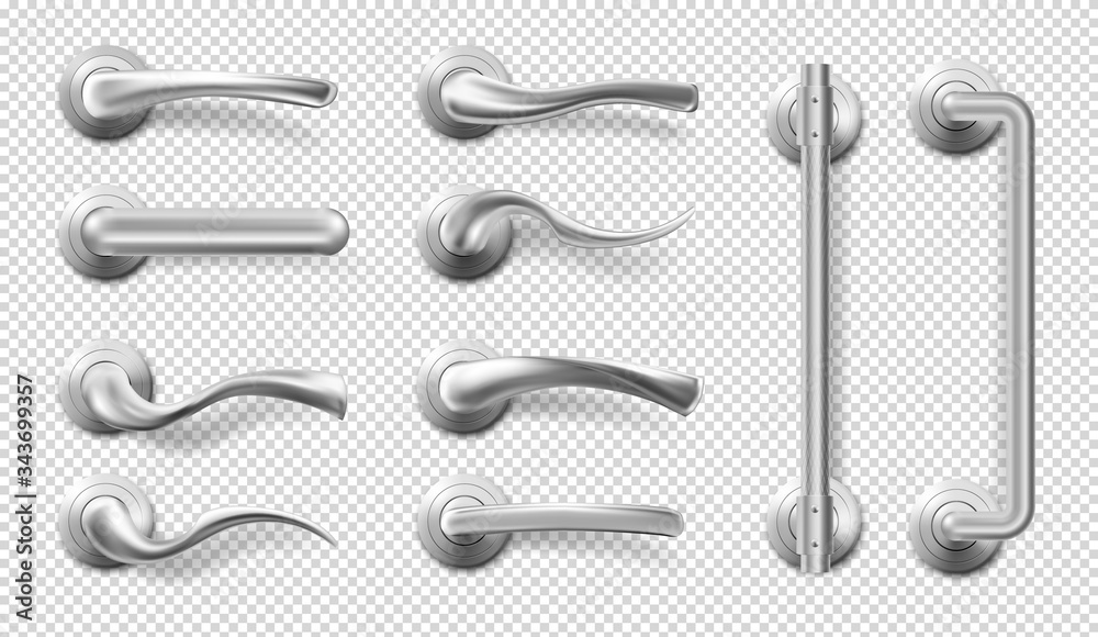 Metal door handles for room interior in office or home. Vector realistic set of modern chrome lever handles in different shapes and long door pulls isolated on transparent background - obrazy, fototapety, plakaty 