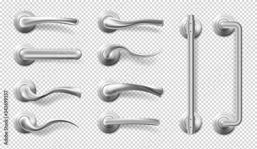 Metal door handles for room interior in office or home. Vector realistic set of modern chrome lever handles in different shapes and long door pulls isolated on transparent background photo