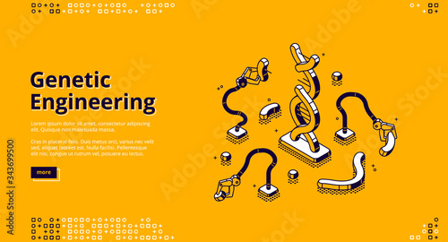 Genetic engineering banner. Scientific research of DNA, genome manipulation and mutation. Vector background with isometric illustration of robotic editing DNA helix. Biotechnology innovations
