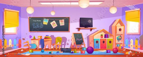 Messy room in kindergarten with drawings on furniture, clutter and trash. Vector cartoon interior of kids playroom with dirty walls, desk and chair, scattered garbage, toys and balls