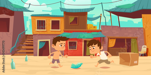 Kids in ghetto playing football with old plastic bottle and carton box. Children play soccer at slum area with huts buildings with curtains and cracked walls. Poor district Cartoon vector illustration
