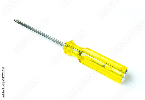 Yellow screwdriver isolated on white background.