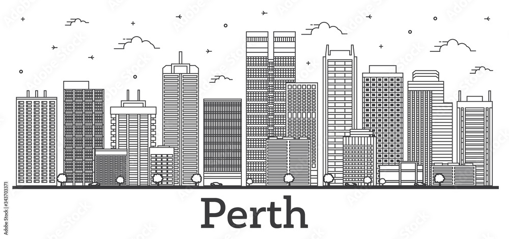 Outline Perth Australia City Skyline with Modern Buildings Isolated on White.