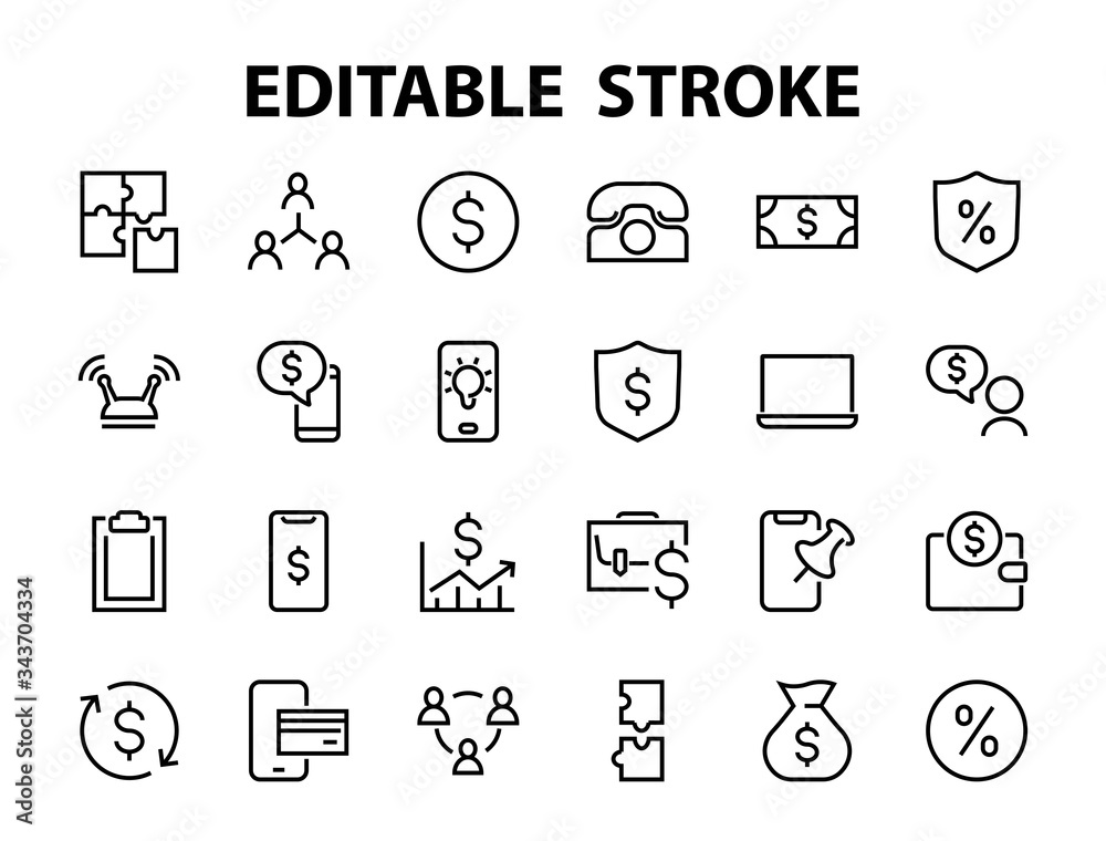 Set of business vector line icons. It contains user symbols, dollar pictograms, gears, briefcase, puzzles, envelope, percentage, messages, schedule, and more. Editable Bar 480x480 pixels.