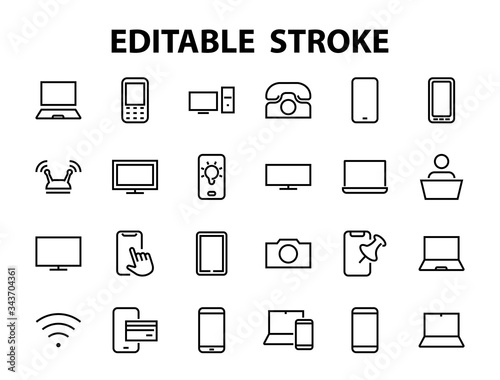  set of smart devices and gadgets, computer hardware and electronics. Electronic device icons for web and mobile vector lines. Editable stroke. 480x480 pixels © RUVYM