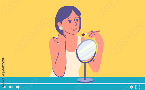 Beauty video blogger. Colorful flat design vector illustration. Girl making make up in front of mirror. Internet Video of beauty woman applying makeup