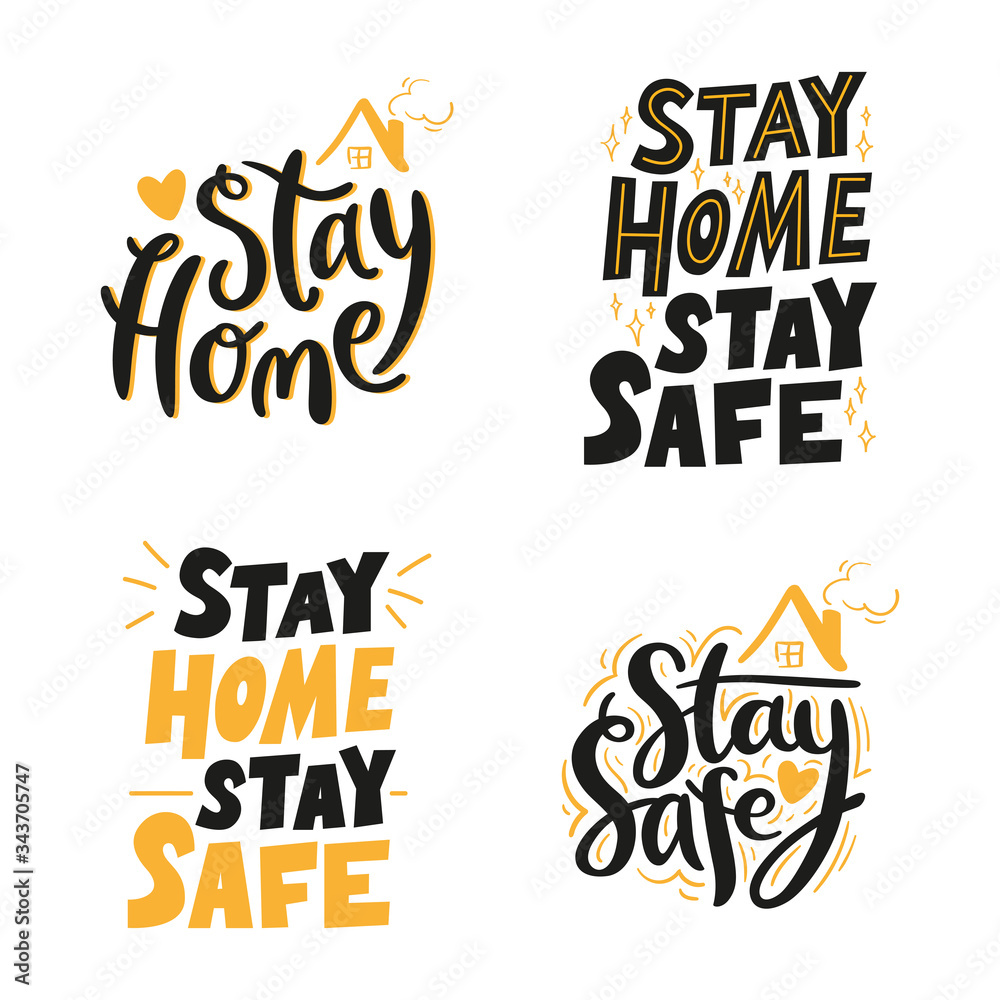Fototapeta premium Handwritten lettering set, stay home, stay safe. Handdrawn black and yellow calligraphy isolated on white background. Coronavirus Covid-19, quarantine motivational posters design for web, print.