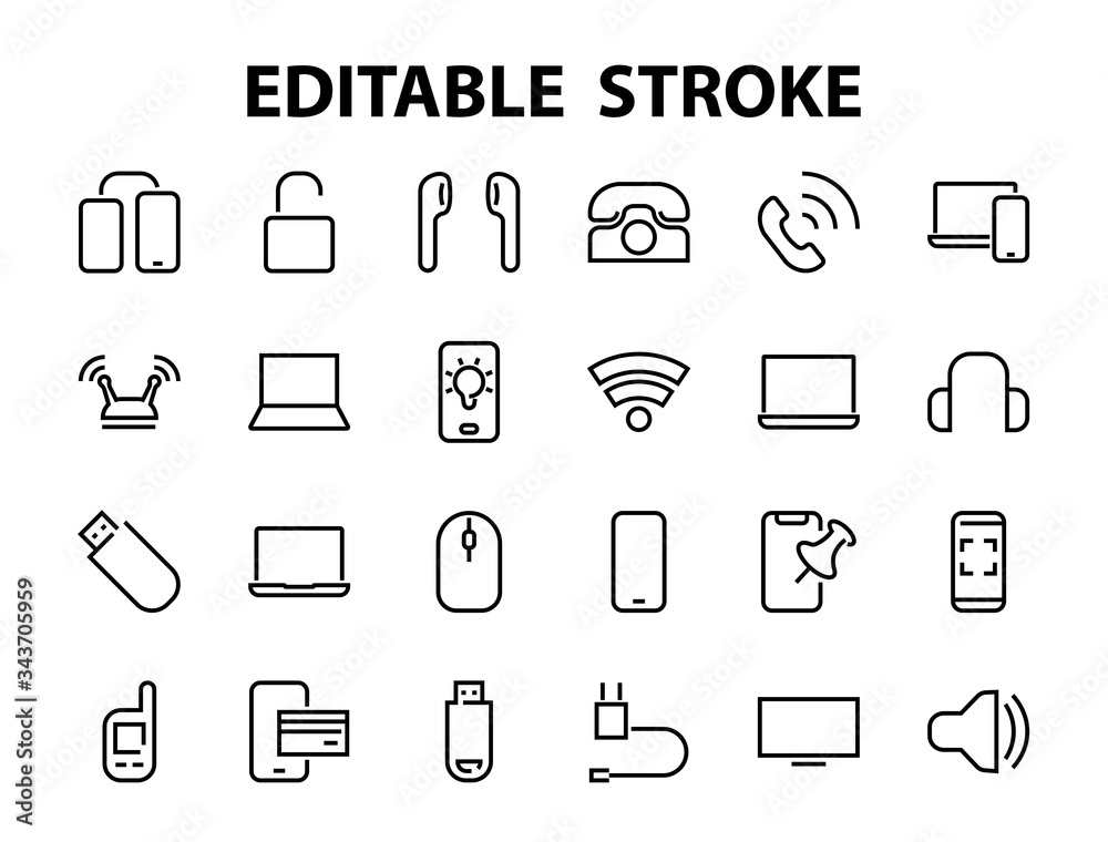 A set of smart devices and gadgets, computer hardware and electronics. Electronic devices icons for web and mobile vector lines. computer, telephone. Editable stroke. 48x48 pixels