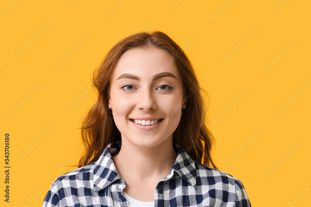 Young woman with healthy teeth on color background Young woman with healthy teeth on color background