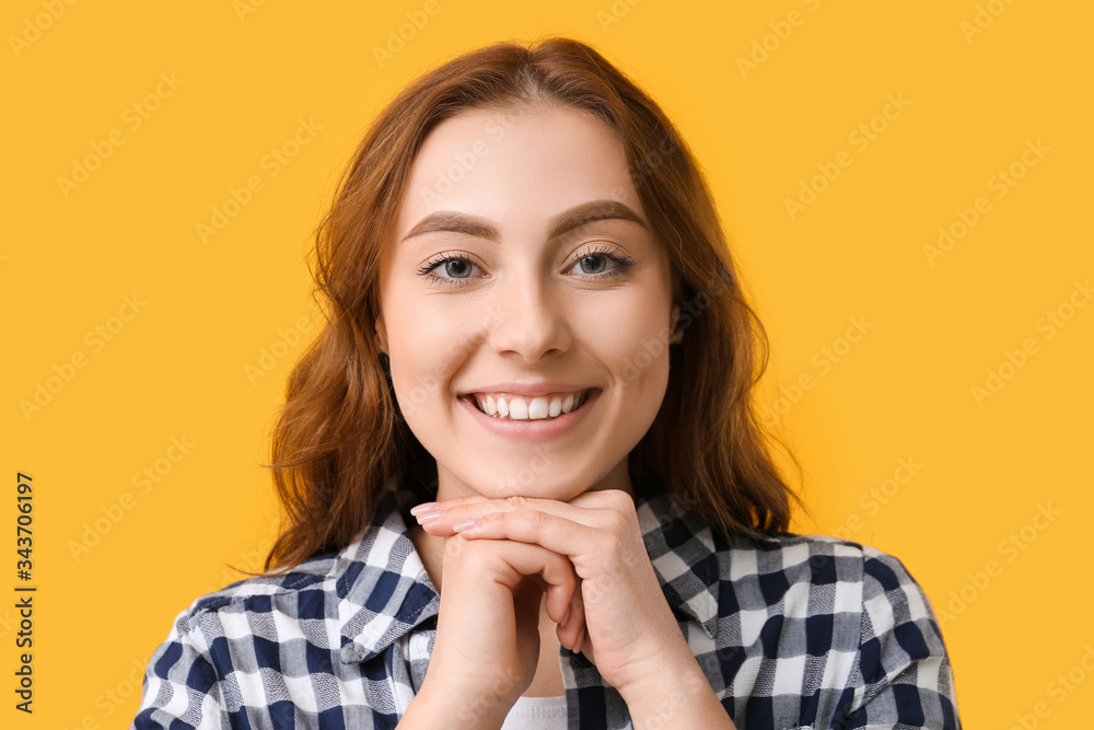 Young woman with healthy teeth on color background Young woman with healthy teeth on color background