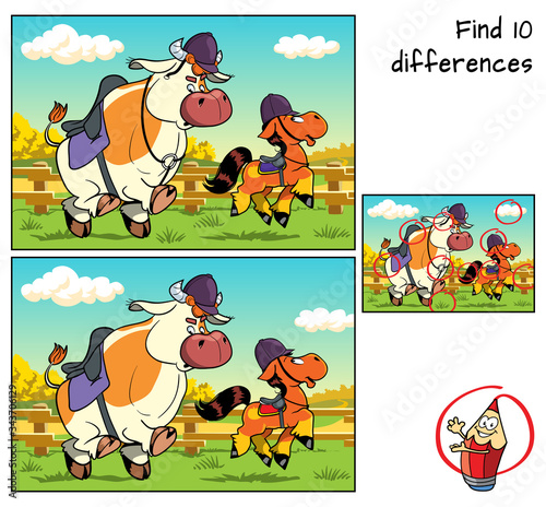 Bull and pony in jockey caps. Find 10 differences. Educational game for children. Cartoon vector illustration