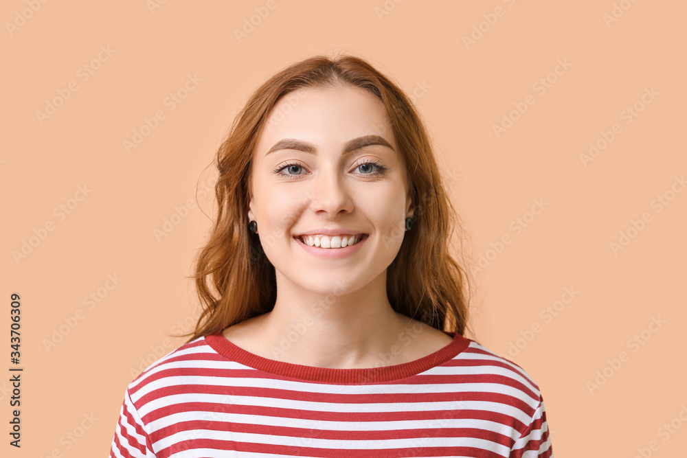 Young woman with healthy teeth on color background Young woman with healthy teeth on color background