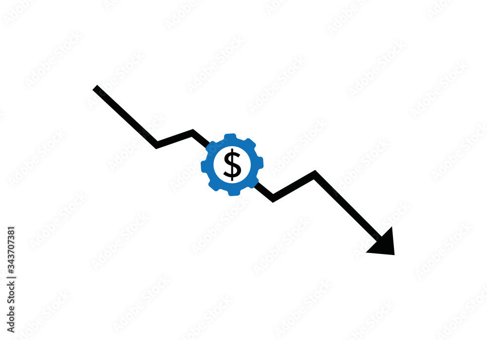 Dollar rate decrease vector line icon. Money symbol with down arrow. Lower cost icon. Financial crisis vector icon, Lower cost icon, Business lost crisis decrease vector illustration. Editable stroke.