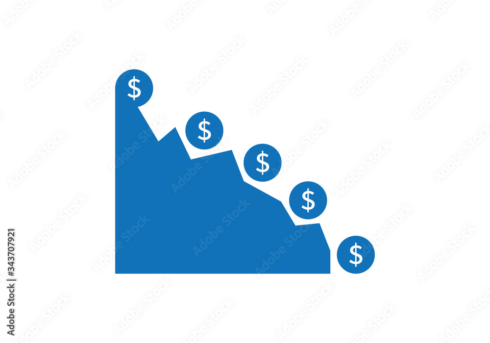 Fototapeta premium Dollar rate decrease vector line icon. Money symbol with down arrow. Lower cost icon. Financial crisis vector icon, Lower cost icon, Business lost crisis decrease vector illustration. Editable stroke.