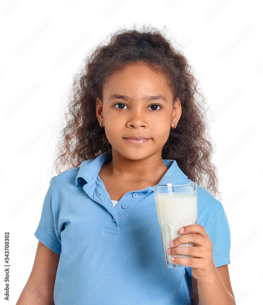 Little African-American girl with milk on white background Little African-American girl with milk on white background