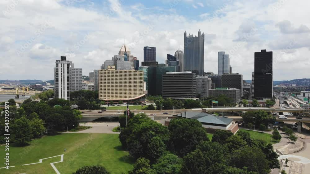 Pittsburgh USA Downtown, Aerial View. Modern City Center Skyscraper Buildings and Point State Park Between Riverbanks Pittsburgh USA Downtown, Aerial View. Modern City Center Skyscraper Buildings and Point State Park Between Riverbanks