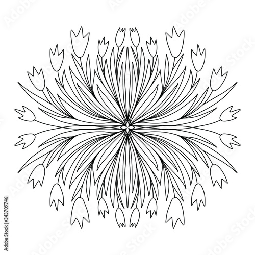 Coloring book with mandala. Mandala with lily and tulip flowers, leaves with a black line on a white background in cartoon style. Ornamental botanical mandala illustration. photo