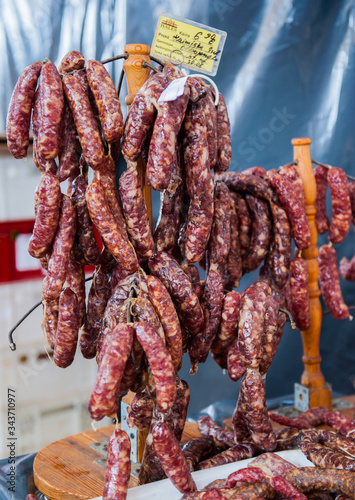 VILNIUS, LITHUANIA- 02JUNE 2019: Traditional Lithuanian food skilandis -Lithuanian sausage on a local market in Vilnius